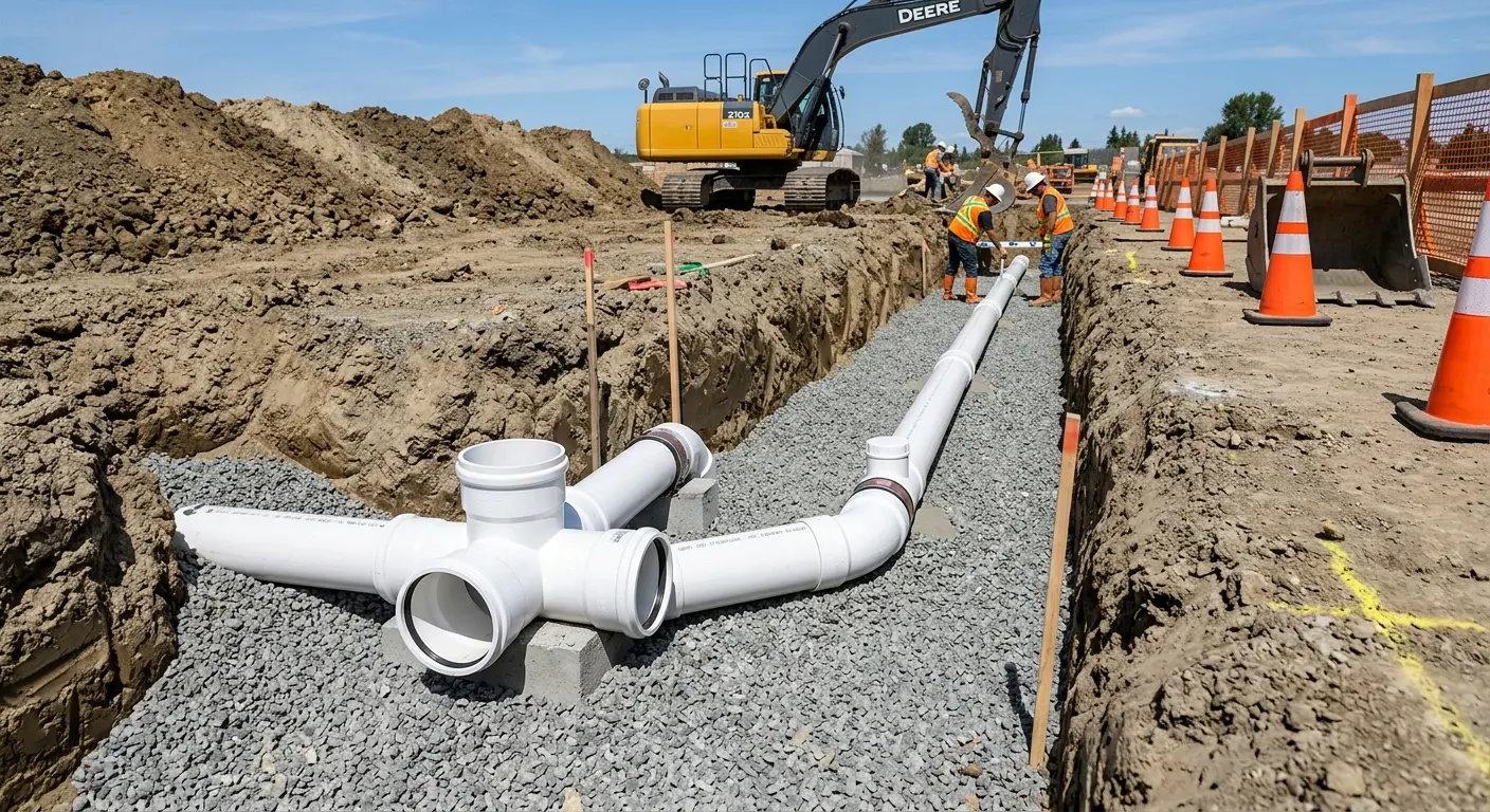 New PVC sewer pipe installation in open trench for Commercial Drain Cleaning in Bellevue